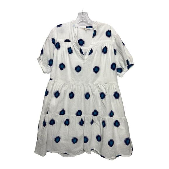 Fitzroy & Willa Small Relax Fit Cotton Popover Tiered Dress Marti White Blue - Picture 1 of 9